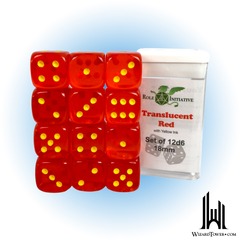 SET OF 12D6 PIPS DICE: TRANSLUCENT RED/YELLOW 18MM